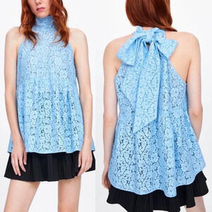 Zara Lace Babydoll Top Bow Sz Large Sky Blue